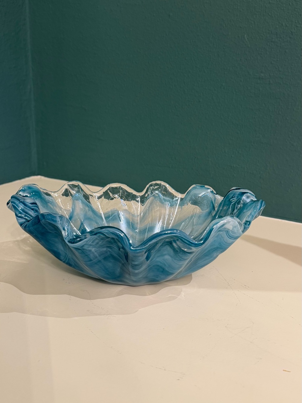 Vintage Murano Italian Art Glass Teal Blue Swirl Clam Shell Bowl Catchall  10”